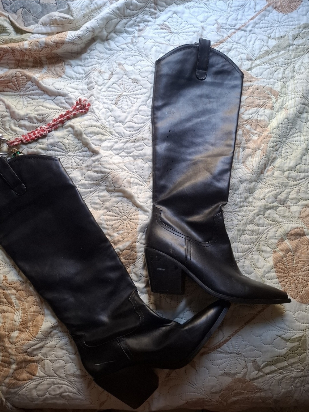 Women's Black Leather Knee-High Block Heel Boots